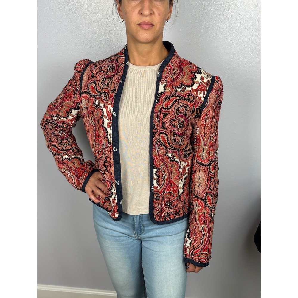 Anthropologie Quilted Jacket Paisley Print Red Navy Boho Soft Cozy Women Medium - Picture 2 of 10